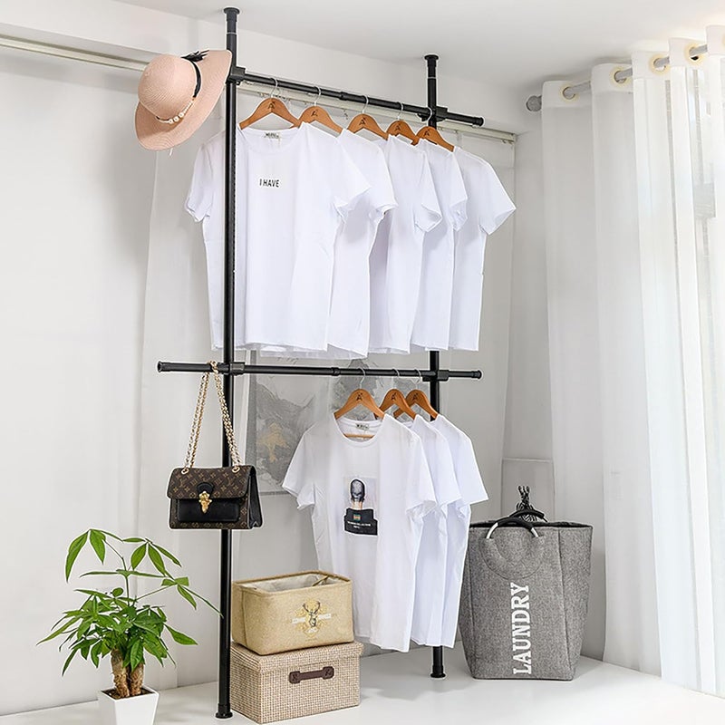 SIBY SIBY 2 Layer Telescopic Wardrobe Clothes Rack Adjustable Clothes Drying Rack for Dressing Room Bedroom Portable Garment Poles Wardrobe Organizer Movable Cloths Hanging Rail Black  - Image 4