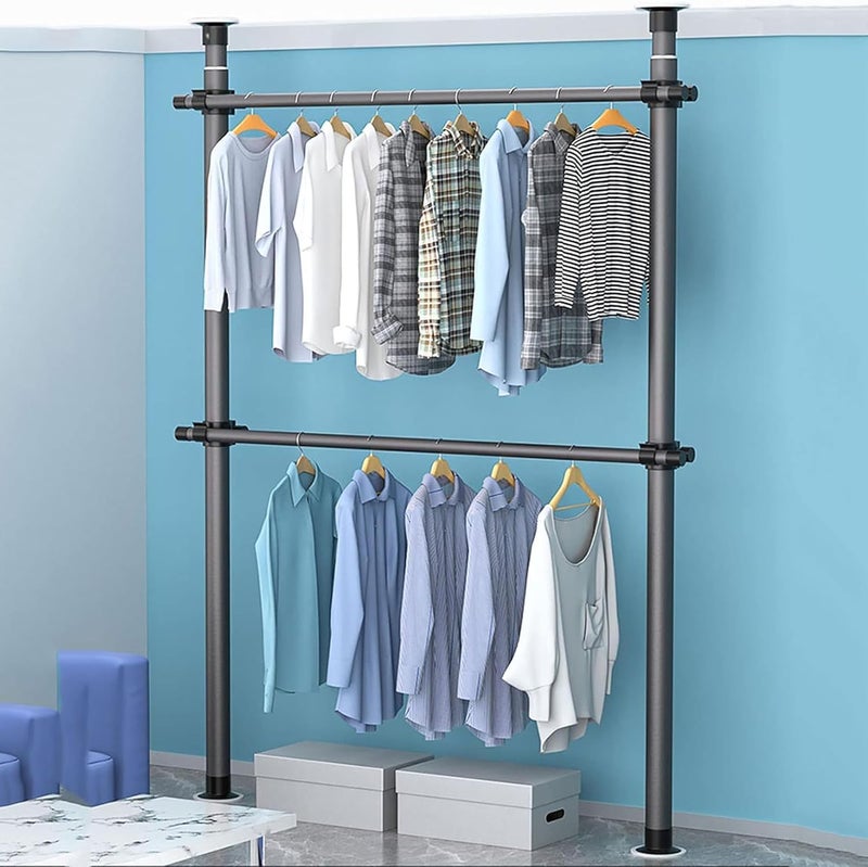 SIBY SIBY 2 Layer Telescopic Wardrobe Clothes Rack Adjustable Clothes Drying Rack for Dressing Room Bedroom Portable Garment Poles Wardrobe Organizer Movable Cloths Hanging Rail Black  - Image 3