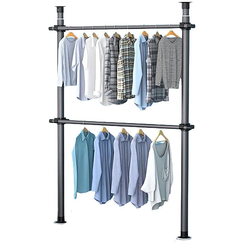 SIBY SIBY 2 Layer Telescopic Wardrobe Clothes Rack Adjustable Clothes Drying Rack for Dressing Room Bedroom Portable Garment Poles Wardrobe Organizer Movable Cloths Hanging Rail Black  - Image 1