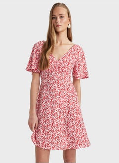 DeFacto V-Neck Floral Mini Short Sleeve Woven Dress  - Image 1
