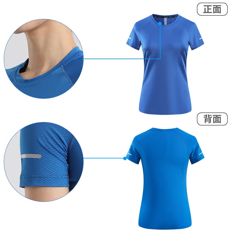 Generic Outdoor Sports Short-sleeved Mens and Womens Mesh Quick-drying T-shirt Marathon Running Top Fitness Clothes Training Top Reflective Women-Blue