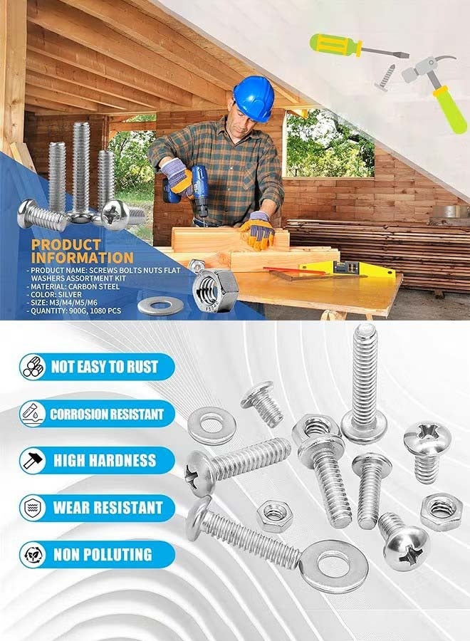 YIM-VIBEHAUS 1080 Pcs Screws Bolts and Nuts Assortment Kit, Cross Pan Head Screws and Nuts and Bolts and Flat Washers, M3/M4/M5/M6 Phillips Slotted Pan Head Bolts and Nuts Sets for Industrial Household Electronic - Image 4