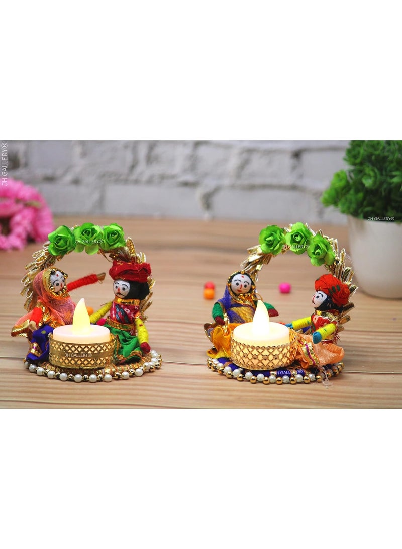 JH Gallery Recycled Material Rajasthani Raja Rani Puppet Dolls Decorative Tealight Candle Holder Multicolor (Pack of 2) - Image 1