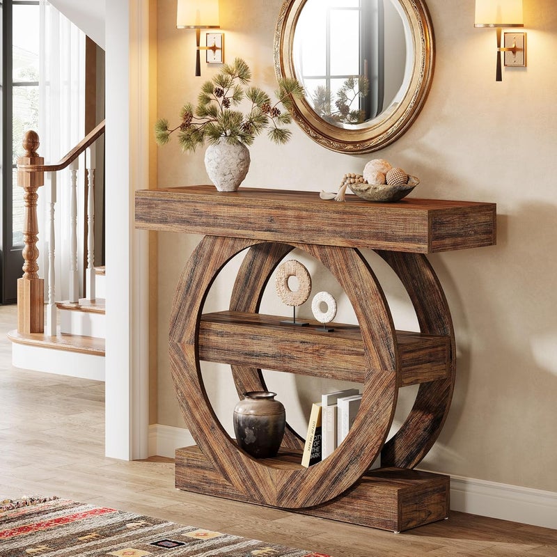Tribesigns 105cm Farmhouse Console Table, 3-Tier Sofa Table Behind Couch with Circle Base, Entryway Furniture with Storage Shelves for Living Room, Hallway, Foyer (Rustic Brown) - Image 1