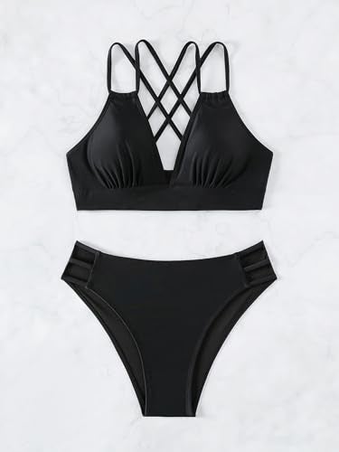 Fanuerg Women's Sexy V Neck Bikini Sets Hollow Out Two Piece Swimsuits Cutout Mid Waist Bathing Suit Black S - Image 3