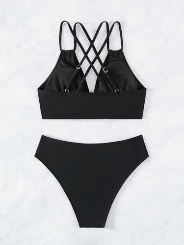 Fanuerg Women's Sexy V Neck Bikini Sets Hollow Out Two Piece Swimsuits Cutout Mid Waist Bathing Suit Black S - Image 4