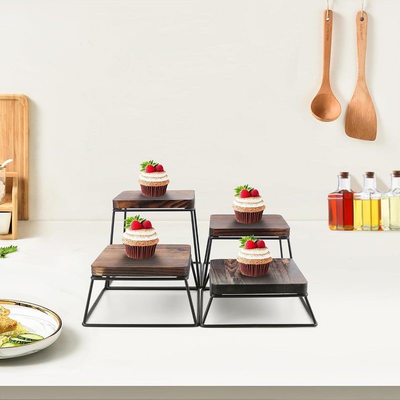 YFEEN Dessert Table Risers Display Stands Food display Wood & Black Metal Square Retail Pizza,Cupcake,Candy Stands Food Platter Tray,6x6 INCH,Set of 4 (4P-Black) - Image 5
