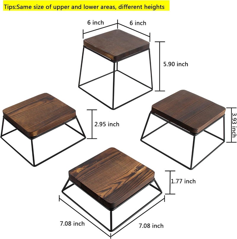 YFEEN Dessert Table Risers Display Stands Food display Wood & Black Metal Square Retail Pizza,Cupcake,Candy Stands Food Platter Tray,6x6 INCH,Set of 4 (4P-Black) - Image 2