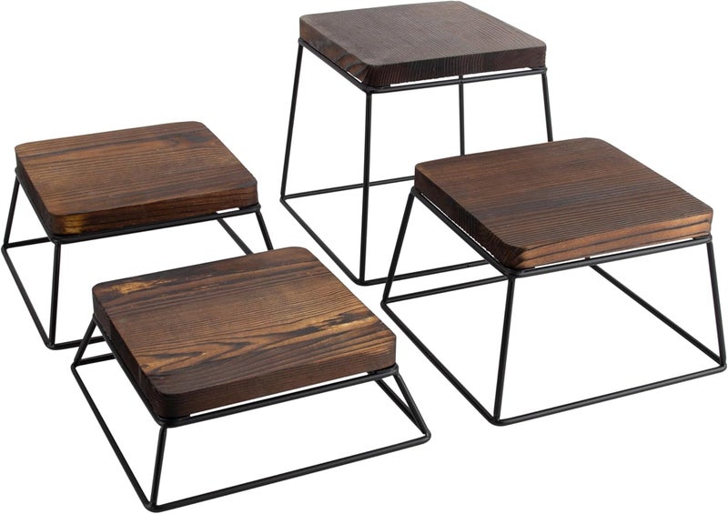 YFEEN Dessert Table Risers Display Stands Food display Wood & Black Metal Square Retail Pizza,Cupcake,Candy Stands Food Platter Tray,6x6 INCH,Set of 4 (4P-Black) - Image 1