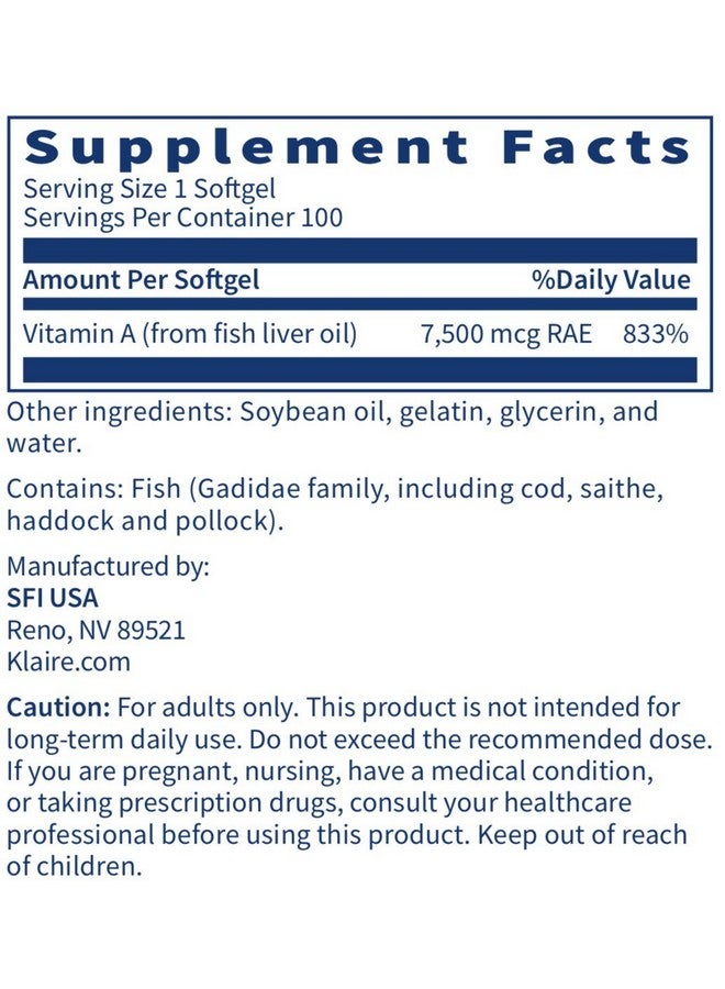 Klaire Labs Vitamin A High Potency 25000 Iu Dose (7500Mcg Rae) From Fish Liver Oil Preformed Retinol Form (100 Softgels) - Image 5