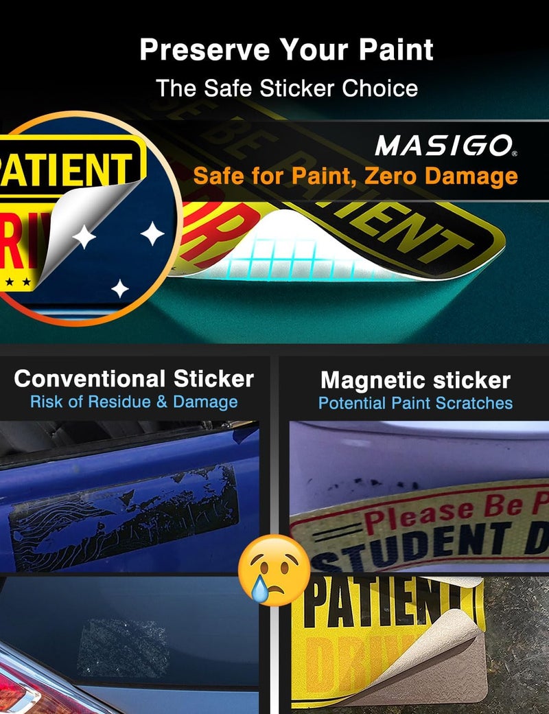 MASINGO 5pcs Student Driver Sticker (Non-Magnet) – Reusable, Reflective 'Please Be Patient' Signs for Car Bumper, Paint & Windows, Scratch-Free, Weather-Resistant - Image 4