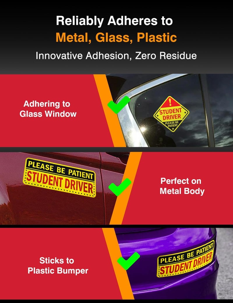 MASINGO 5pcs Student Driver Sticker (Non-Magnet) – Reusable, Reflective 'Please Be Patient' Signs for Car Bumper, Paint & Windows, Scratch-Free, Weather-Resistant - Image 3