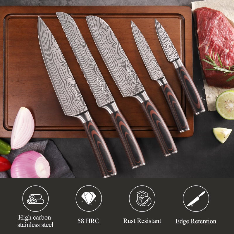 Sunnecko Kitchen Knife Set 5 Piece Chef Knife Set Professional High Carbon Stainless Steel, Sharp Kitchen Knives with Wooden Handle - Image 3