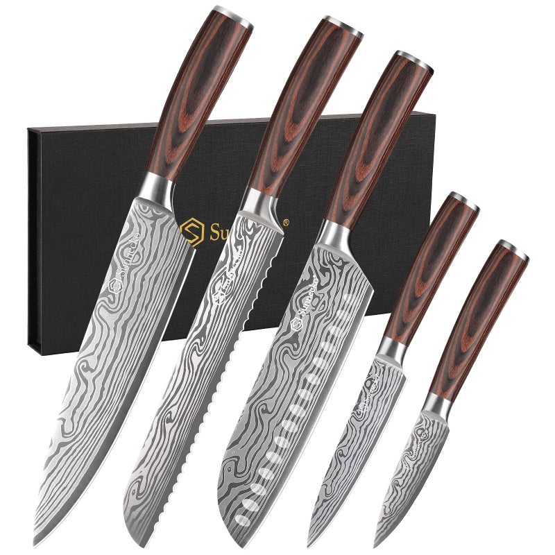 Sunnecko Kitchen Knife Set 5 Piece Chef Knife Set Professional High Carbon Stainless Steel, Sharp Kitchen Knives with Wooden Handle - Image 1