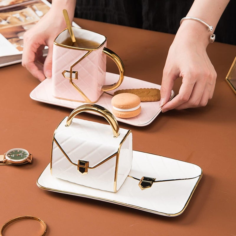 Ynsfree YnsfreeCeramic Purse Coffee Mugs Set Tea Cup Unique Bag shaped mug and Saucer Set with Spoon and Saucer For Women Mothers Day Christmas Gifts Set of 4  - Image 3