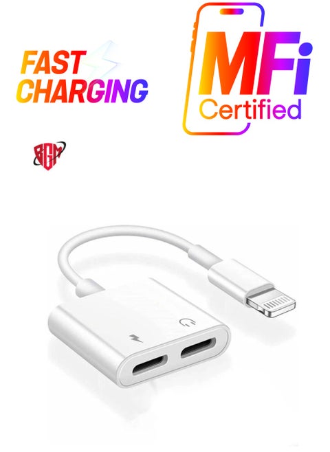 2 in 1 Dual Lightning Charger Cable Aux Audio Adapter Converter for iPhone 12/11/XS/XR/X/8/7/6/iPad, Support Calling+Charging+Music Control