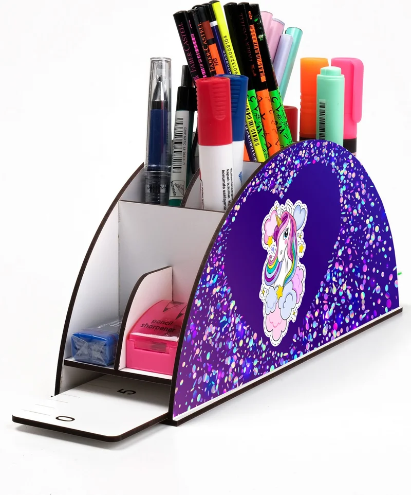 نوتبا Wooden Vip Heart Unicorn Rainbow Ruler Desktop Pencil Holder Organizer for Kids VIP137