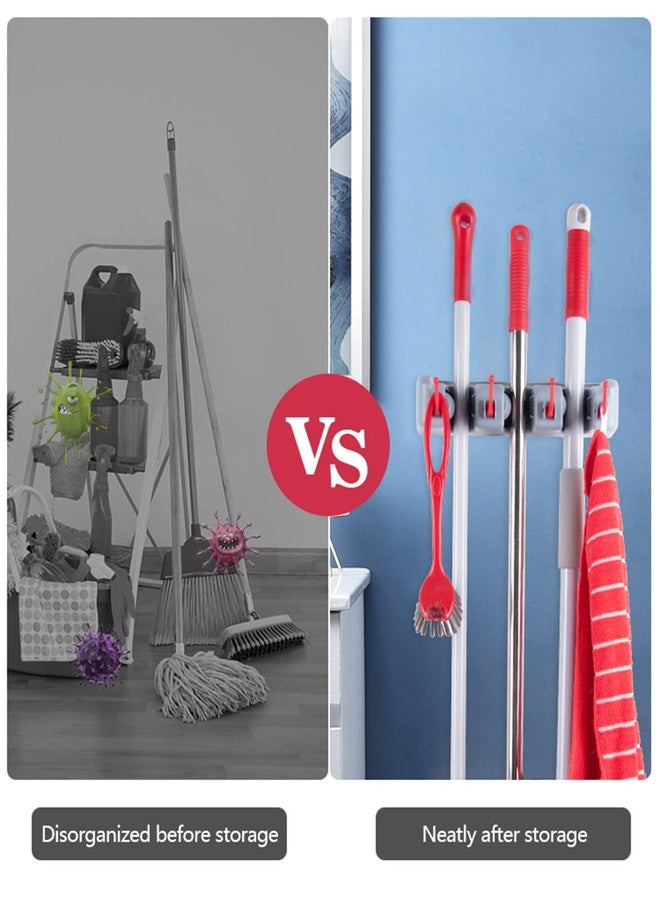 Xifando Broom and Mop Holder Wall Mount -Mop and Broom Storage Rack Wall Mounted Utility Rack (3 Slots 4 Hooks-Grey+Red) - Image 5
