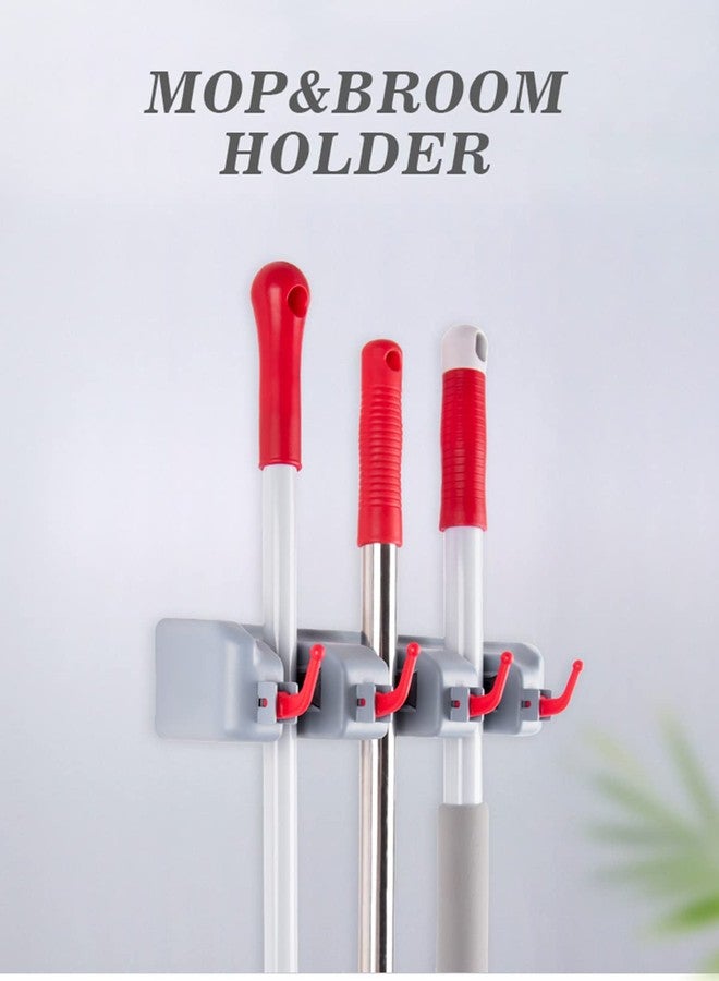 Xifando Broom and Mop Holder Wall Mount -Mop and Broom Storage Rack Wall Mounted Utility Rack (3 Slots 4 Hooks-Grey+Red) - Image 2