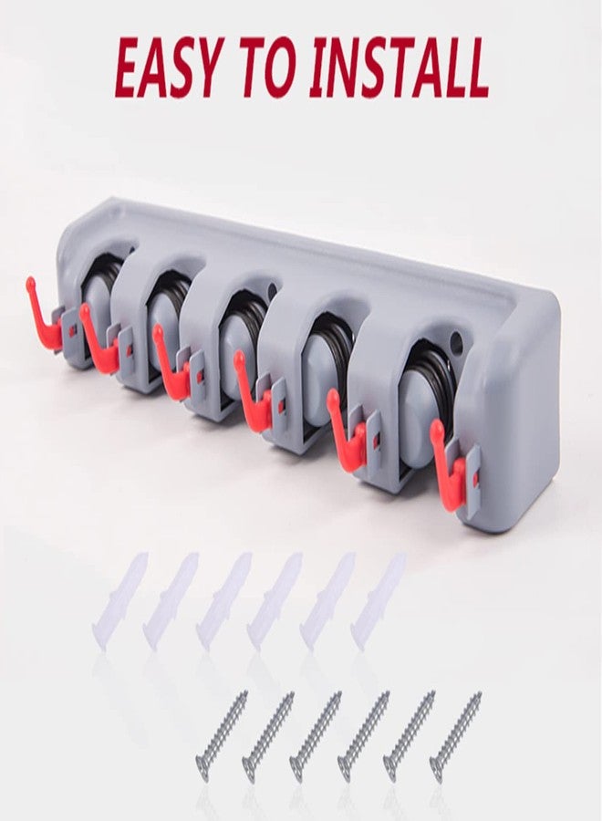 Xifando Broom and Mop Holder Wall Mount -Mop and Broom Storage Rack Wall Mounted Utility Rack (3 Slots 4 Hooks-Grey+Red) - Image 4