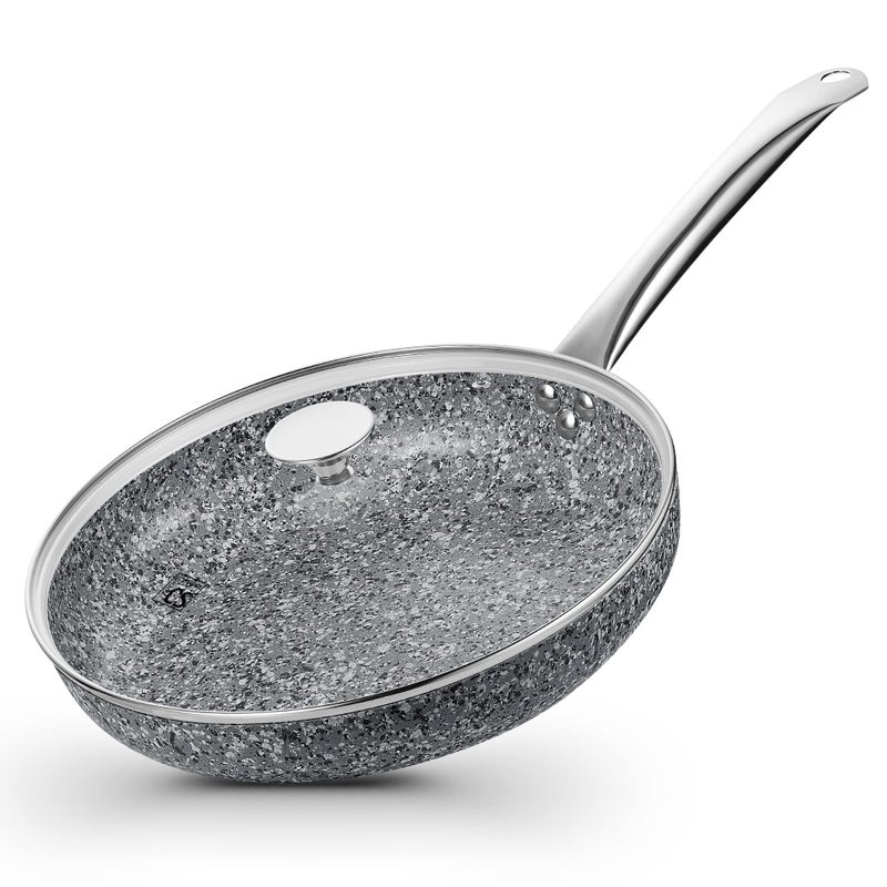KOCH SYSTEME CS 11" Grey Non stick Granite Stone Frying Pan with Lid, Toxin-free Granite Nonstick Coating Cookware, Ultra Nonstik Skillet with Stainless Steel Handle, Oven Safe&All Stovetop Compatible - Image 1