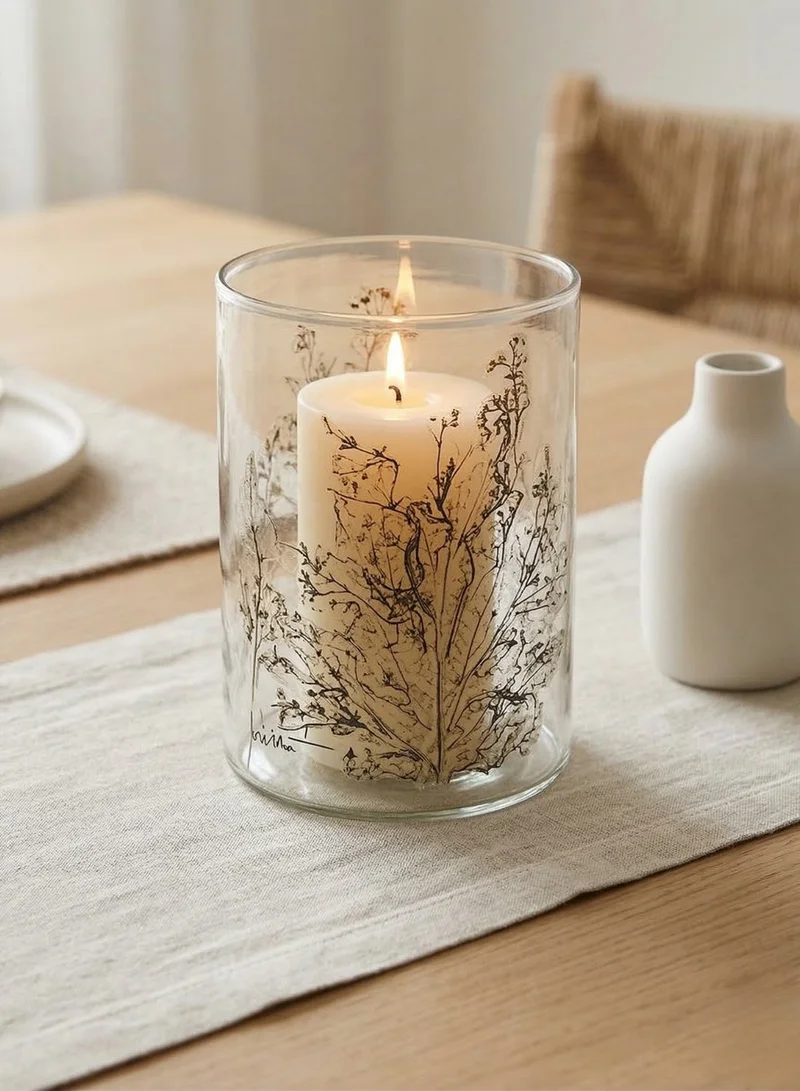 سوق الزعفران حامل شموع زجاجي مزين بزهور مضغوطة – ديكور ريفي صديق للبيئة