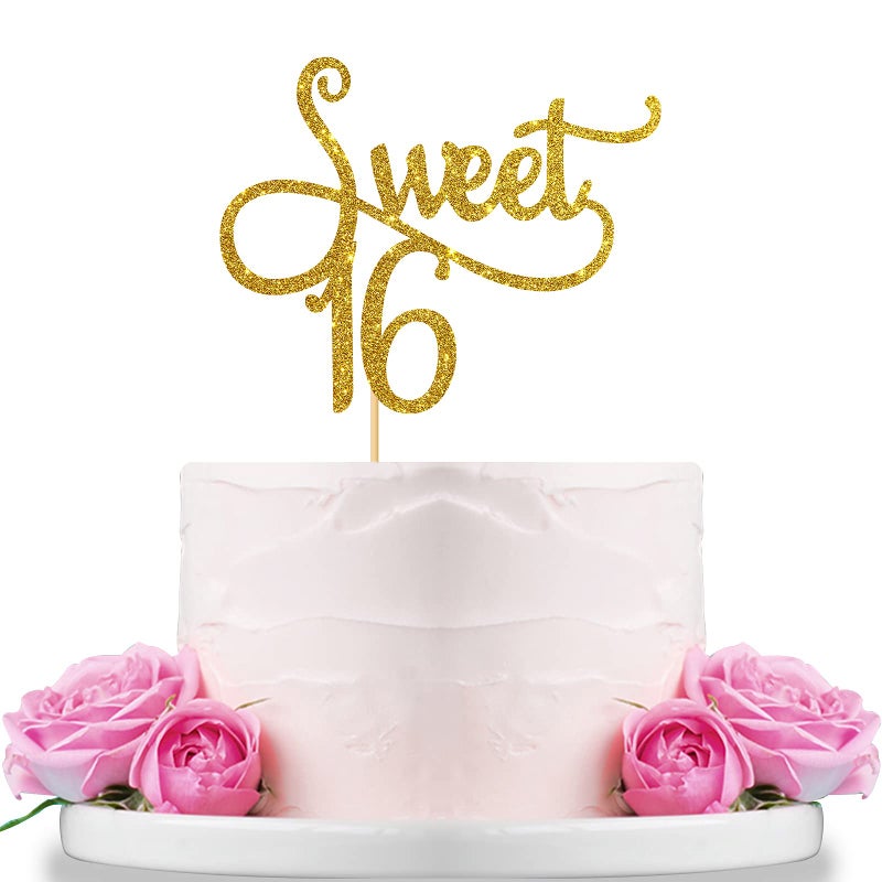 Gold Glitter Sweet 16 Cake Topper - Happy 16th Birthday Party Decoration Supplies - Sweet Sixteen Cake Topper