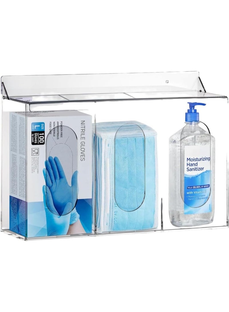 Slasa SLASA Wall Mounted PPE Organizer - 3-Compartment Acrylic Holder for Masks, Gloves, Sanitizer, Hair Caps, Tissues - Clear Hygiene Box for Clinics, Offices, Salons (35 x 25 x 10 cm) 