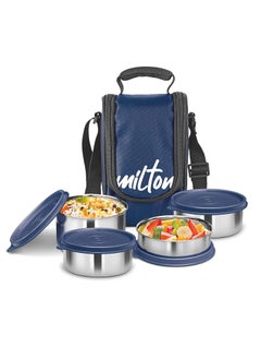 Milton MILTON Tasty 4 Lunch Box with Insulated Fabric Jacket, 4 Stainless Steel Containers (200 ml, 320 X 2 ml, 500 ml), Leak-Proof Tiffin for Office, College, Picnic, Blue  - Image 1