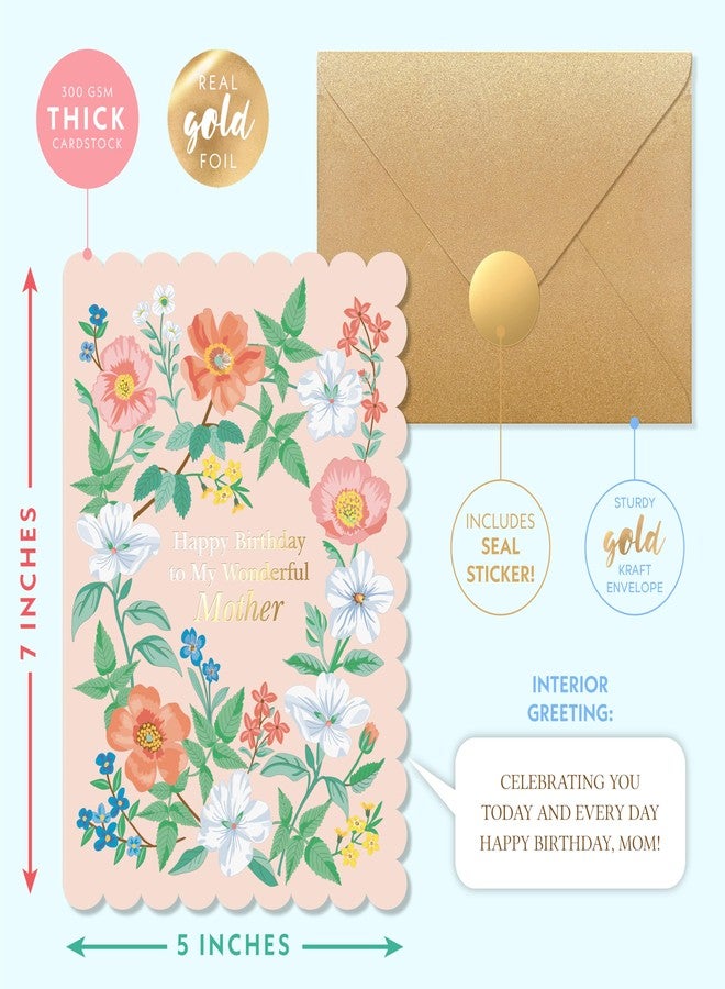 Sweetzer & Orange Floral Birthday Card for Mother – Gold Foil Mom Card with Scalloped Edges, Kraft Gold Envelope & Sticker – 5x7” Thick Cardstock – From Daughter or Son - Image 2