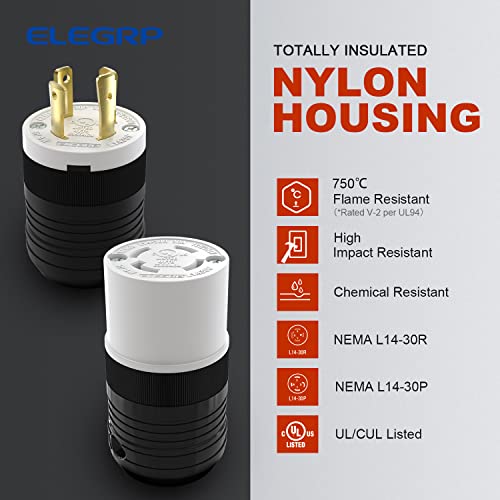 ELEGRP NEMA L14-30P Locking Plug, Generator Twist Lock Adapter Male Plug, 30 Amp 125/250V 3 Pole 4 Wire Grounding, Industrial Grade Heavy Duty, UL Listed (1 Pack, Black/White) - Image 3
