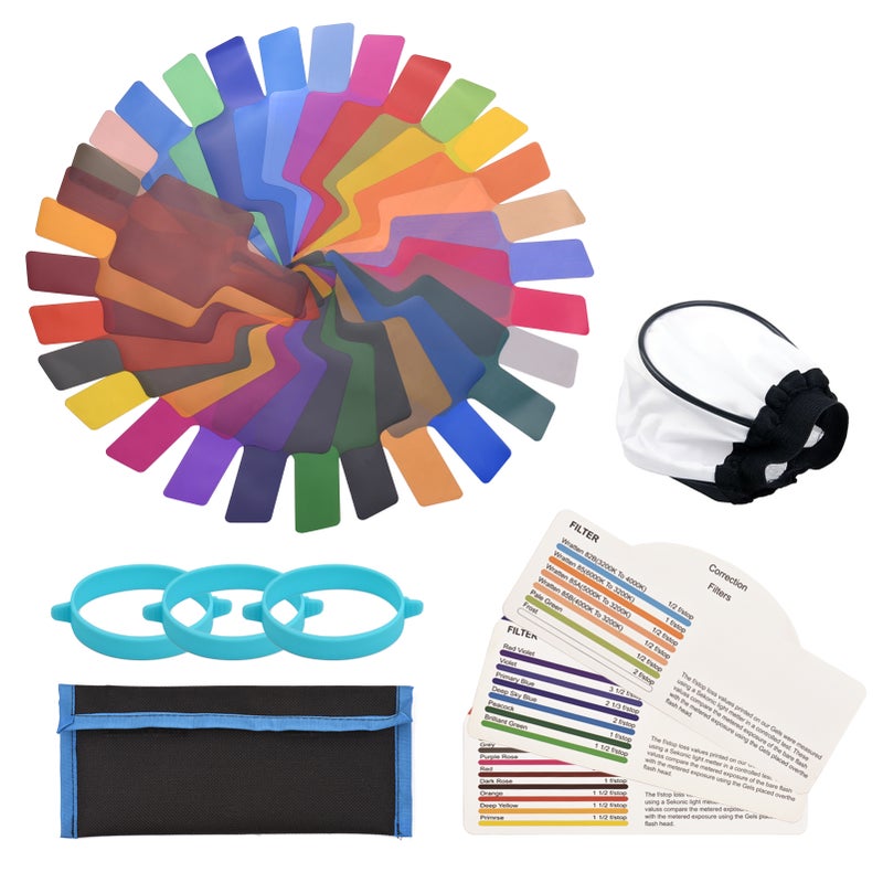 30 pcs/set Universal Flash Lighting Filter Flash Gels Color Correction for Camera Speedlite Flash Light with Carrying Bag, Light Diffuser and Gel-Band - Image 1