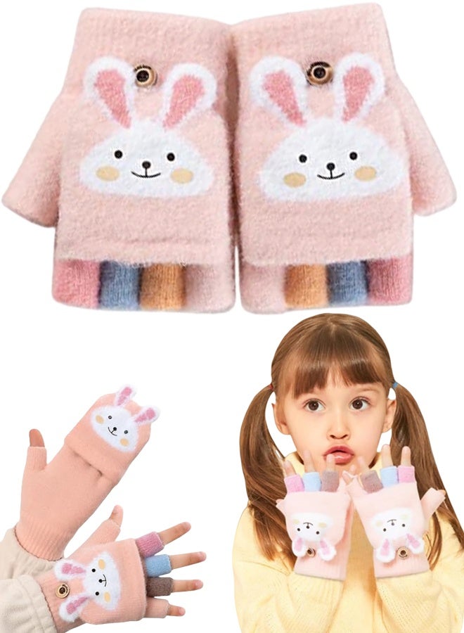 قفازات قابلة للتحويل بغطاء علوي من Pink Cartoon Bunny قفازات شتوية دافئة من الصوف المحبوك للأطفال الصغار من سن 3 إلى 12 سنة للذهاب إلى المدرسة واللعب في الهواء الطلق والمشي في الشتاء والملابس اليومية غير الرسمية هدية مثالية - Image 1