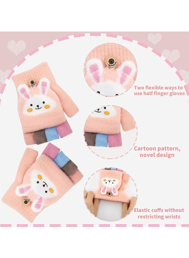 قفازات قابلة للتحويل بغطاء علوي من Pink Cartoon Bunny قفازات شتوية دافئة من الصوف المحبوك للأطفال الصغار من سن 3 إلى 12 سنة للذهاب إلى المدرسة واللعب في الهواء الطلق والمشي في الشتاء والملابس اليومية غير الرسمية هدية مثالية - Image 2