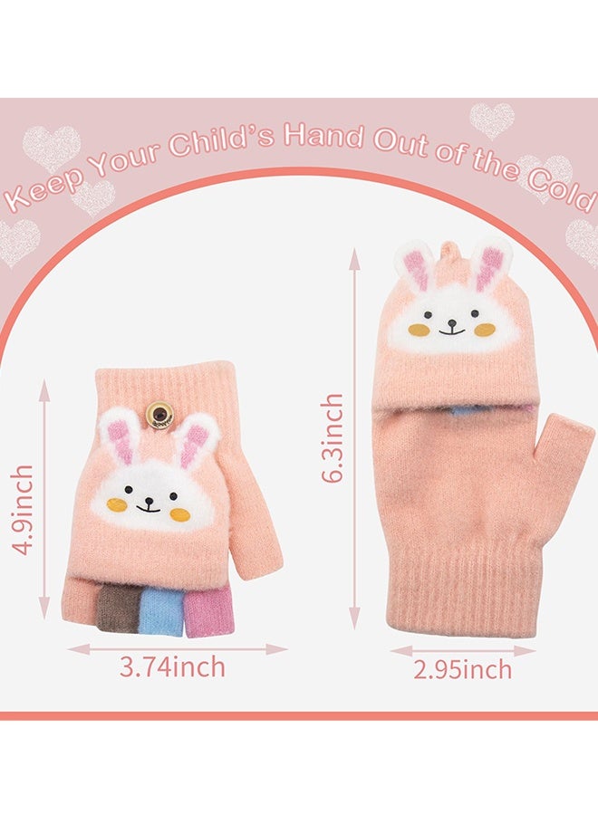 قفازات قابلة للتحويل بغطاء علوي من Pink Cartoon Bunny قفازات شتوية دافئة من الصوف المحبوك للأطفال الصغار من سن 3 إلى 12 سنة للذهاب إلى المدرسة واللعب في الهواء الطلق والمشي في الشتاء والملابس اليومية غير الرسمية هدية مثالية - Image 3