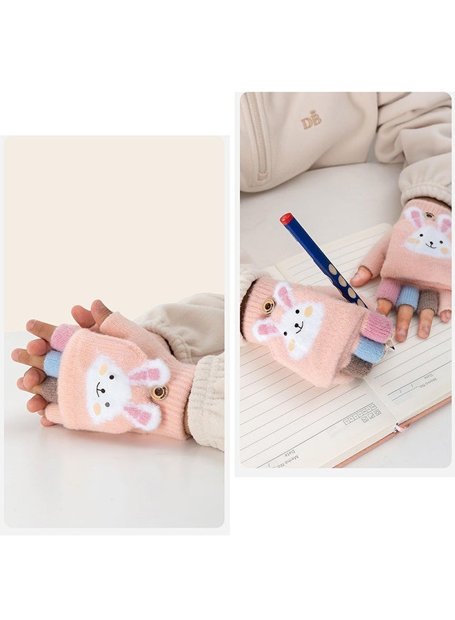 قفازات قابلة للتحويل بغطاء علوي من Pink Cartoon Bunny قفازات شتوية دافئة من الصوف المحبوك للأطفال الصغار من سن 3 إلى 12 سنة للذهاب إلى المدرسة واللعب في الهواء الطلق والمشي في الشتاء والملابس اليومية غير الرسمية هدية مثالية - Image 5