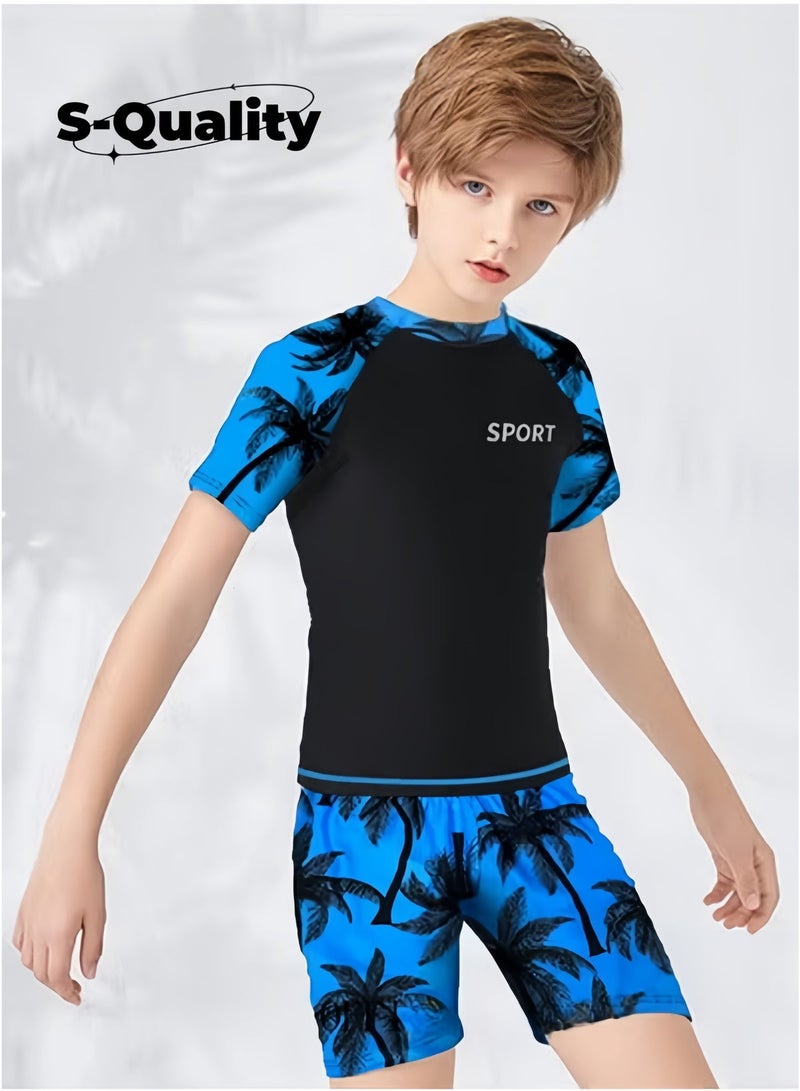 S-Quality 2 Piece Boys Swimsuit Set Kids Quick Dry Swim Trunks Toddler Short Sleeve Swimwear Children Beachwear Split Bathing Suit for Summer - Image 2