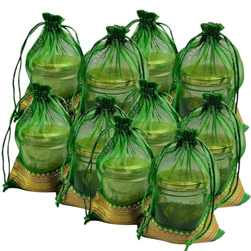 Kriwin Silk Potli Bags with Drawstring, 18 x 12 cm, Pack of 10, for Gifting and Storage (Green) - Image 1