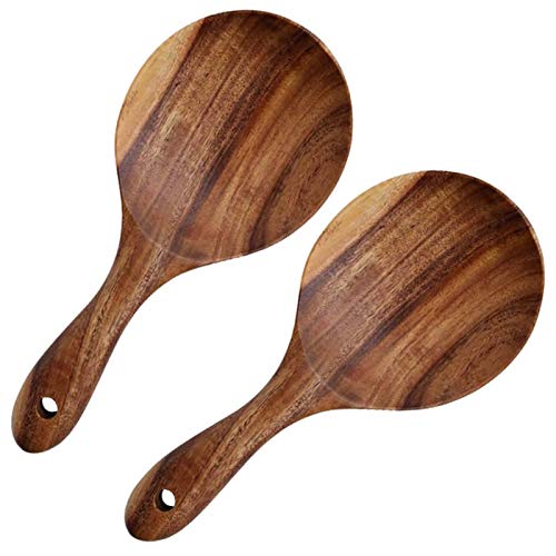 EORTA 2 Pack Rice Paddle Spoon Natural Wood Non-stick Rice Scooper with Round Shallow Head Food Service Spoon Kitchen Utensils for Rice Potato Salads Desserts, 7 Inch - Image 1
