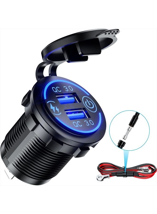 Kewig Quick Charge 3.0 Dual USB Charger Socket Waterproof 36W 12V 24V USB Outlet Fast Charge with Touch Switch & Blue LED DIY Kit for Car Boat Marine ATV Bus Truck Golf Cart and More - Image 1