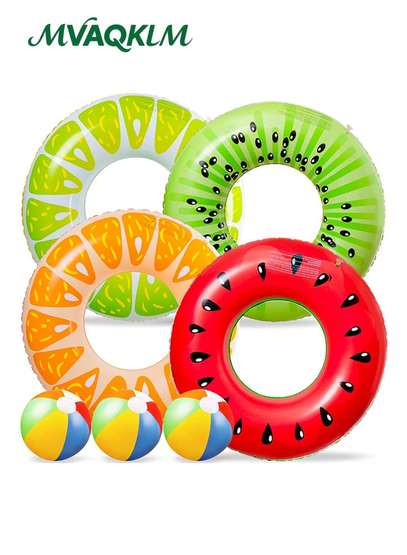 MVAQKLM  7Pcs Fruit Inflatable Pool Floats, 4Pcs 90CM Watermelon Kiwi Orange Lemon Swimming Rings with 3Pcs 35CM Beach Balls - Inflatable Tubes Floaties Toys for Kids Adults Beach Swimming Pool Party - Image 1