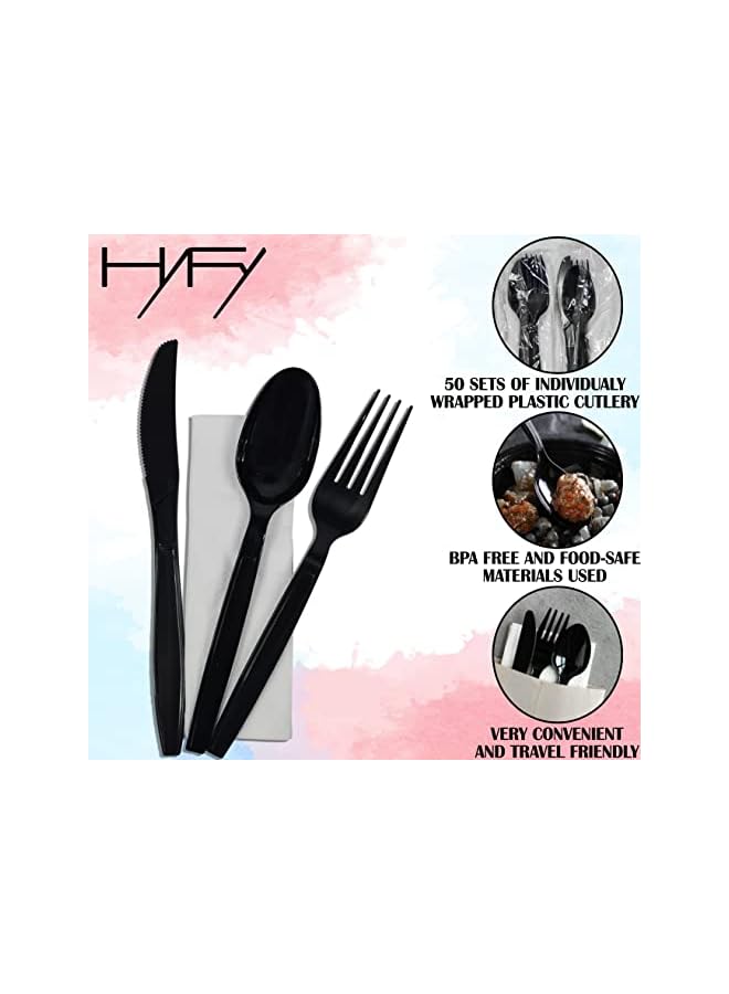 Raxoom PCS Black Plastic Cutlery Set Spoons Knives Forks Napkins Set Disposable Cutlery Set Individually Wrapped Plastic Cutlery Disposable Spoons Disposable Fork Plastic Spoon Heavy Duty Plastic Utensils - Image 2