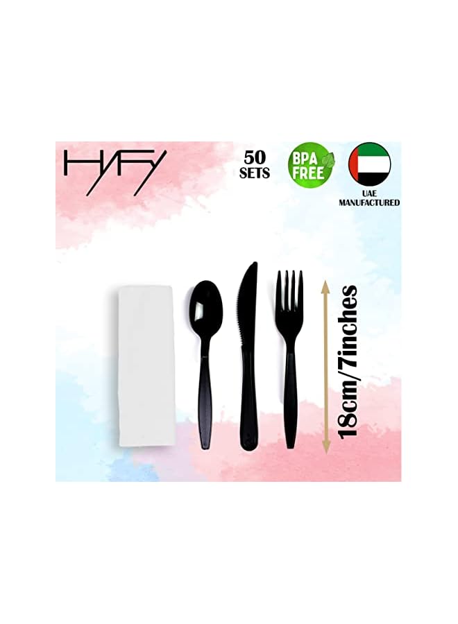 Raxoom PCS Black Plastic Cutlery Set Spoons Knives Forks Napkins Set Disposable Cutlery Set Individually Wrapped Plastic Cutlery Disposable Spoons Disposable Fork Plastic Spoon Heavy Duty Plastic Utensils - Image 4