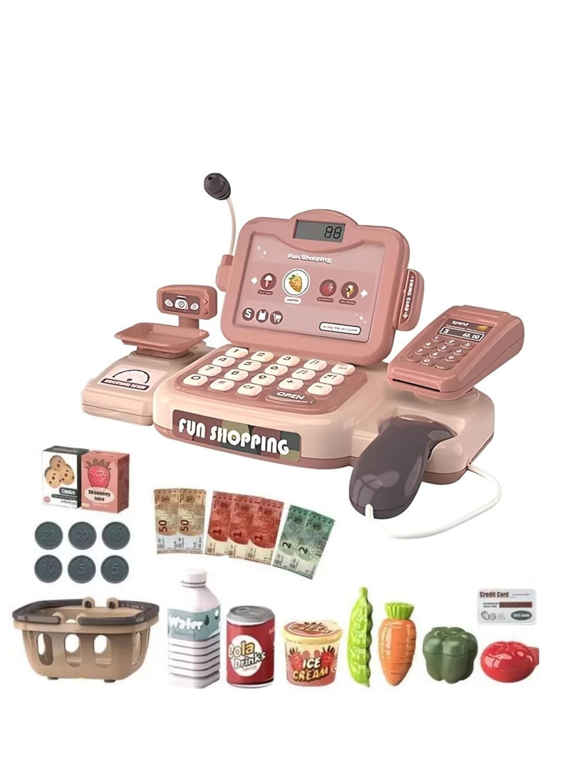 UniTrain 24pcs Cash Register Set for Kids, Toddlers - Grocery Toy Shopping Center with Food, Scaner, Microphone, Play Money - Image 1