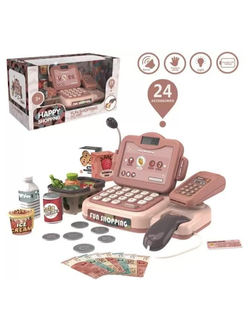 UniTrain 24pcs Cash Register Set for Kids, Toddlers - Grocery Toy Shopping Center with Food, Scaner, Microphone, Play Money - Image 5