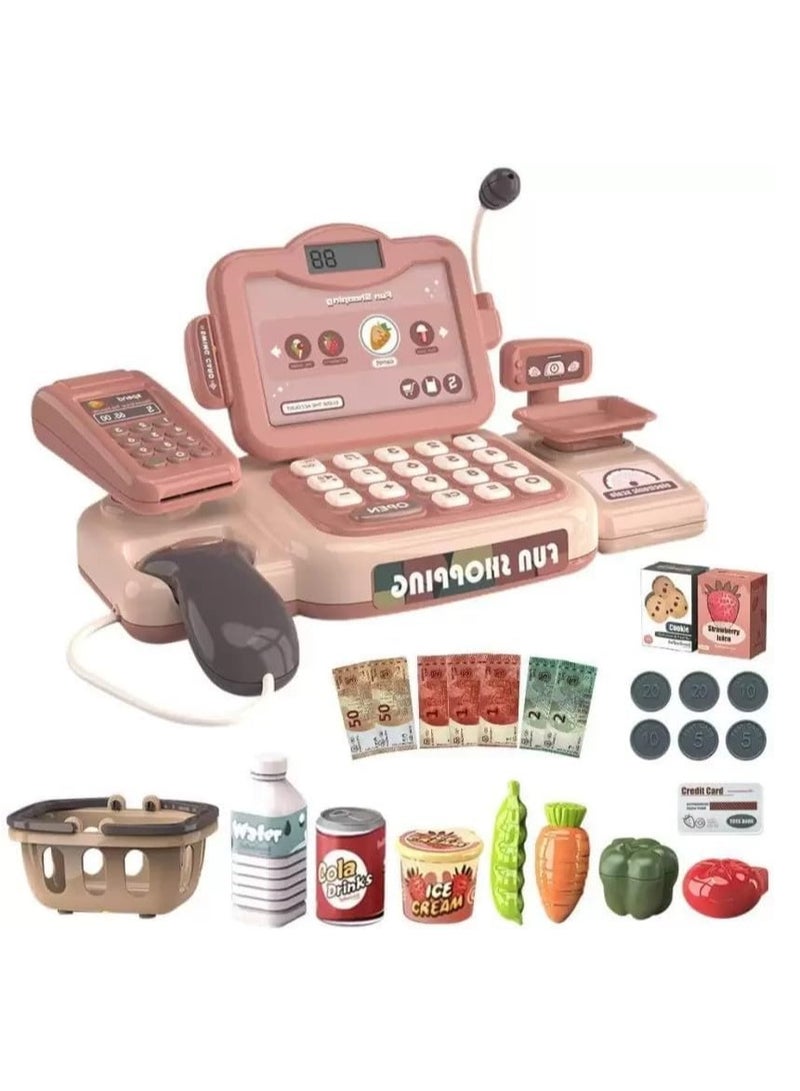 UniTrain 24pcs Cash Register Set for Kids, Toddlers - Grocery Toy Shopping Center with Food, Scaner, Microphone, Play Money - Image 3