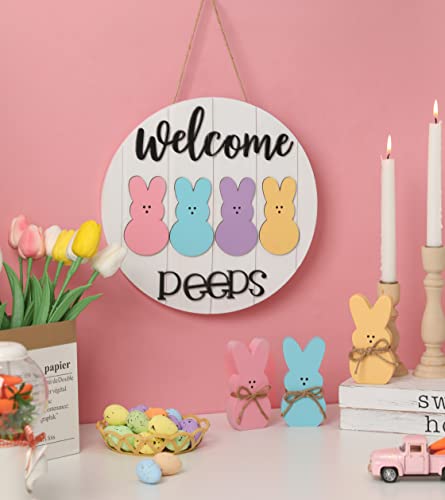 NEWLIGHTURE Easter Welcome Peeps Sign, Happy Easter Bunny Rabbit Door Sign, Spring Door hanger, Rustic Wood Wreath Sign for Easter Spring - Image 2