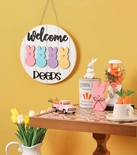 NEWLIGHTURE Easter Welcome Peeps Sign, Happy Easter Bunny Rabbit Door Sign, Spring Door hanger, Rustic Wood Wreath Sign for Easter Spring - Image 5