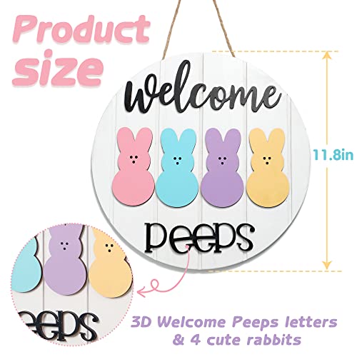 NEWLIGHTURE Easter Welcome Peeps Sign, Happy Easter Bunny Rabbit Door Sign, Spring Door hanger, Rustic Wood Wreath Sign for Easter Spring - Image 3