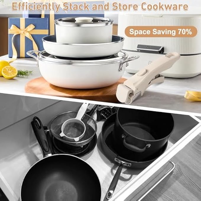 وايونا مقبض قابل للإزالة للأواني والمقالي، مقبض مقلاة عالمي قابل للفصل، بديل مقاوم للحرارة، بلاستيك، فولاذ مقاوم للصدأ، سيليكون، كريمي، أبيض - Image 5